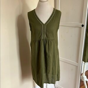 Terzo Millennio Lighweight Olive Green Italian Linen V-Neck Mini Dress Size M
